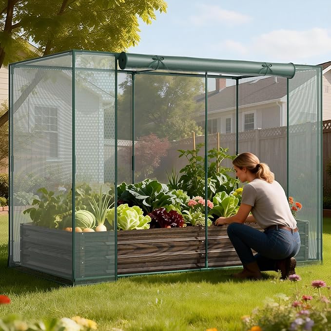 DoCred Crop Cage with Raised Garden Bed 84.6 x 45.3 x 59 Plant Protection Tent Garden Cages with Window 2 in 1 Galvanized Raised Garden Bed Kit and Mesh Cover for Garden Yard Lawn