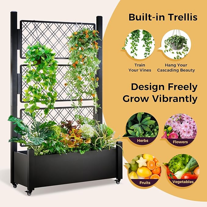 Metal Raised Garden Bed with Trellis 72Hx46Wx16D Inch Large Outdoor Planter Box for Climbing Plants Vegetables &amp Vines Privacy Screen with Wheels and Drainage Holes Black