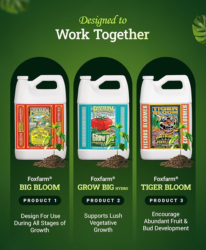 FoxFarm Hydro Liquid Trio Pack - Big Bloom Grow Big Tiger Bloom Fertilizers for Vigorous Plant Growth Bud Development &amp Abundant Fruit - Complete Hydroponic Plant Food Set - 3 Gallon Bottles