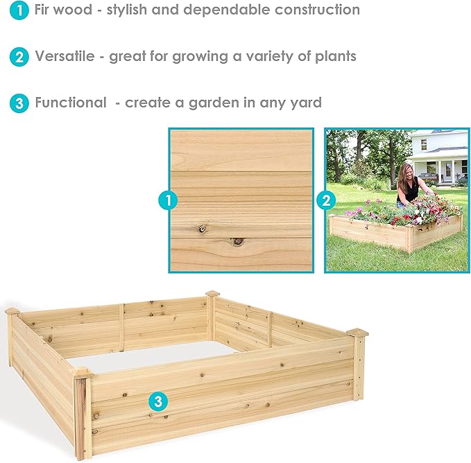 Sunnydaze Square Wood Raised Garden Bed - Outdoor Elevated Planter Box for Flower Vegetable and Herb Gardening - 4’ x 4’