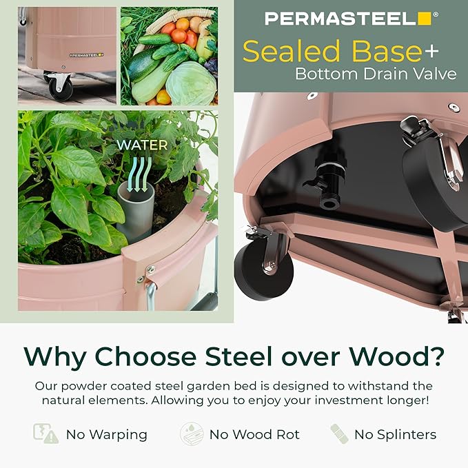 Permasteel Self-Watering Garden Bed Rolling Planter for Vegetables Flowers Herbs and Fruit Outdoor Indoor Caster Wheels Pink