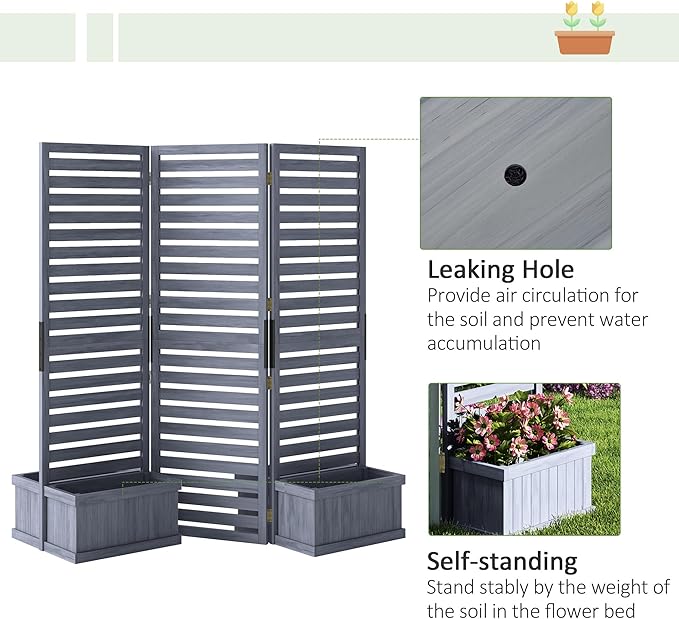 Outsunny Freestanding Outdoor Privacy Screen 4 Self-Draining Planters/Raised Garden Beds 3 Hinged Panels for Hot Tub Patio Backyard Deck Gray