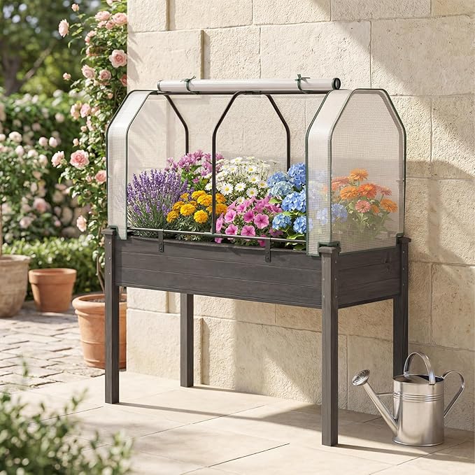 Raised Garden Bed with Greenhouse Cover Elevated Wooden Planter Box Outdoor Gardening Planting Bed for Vegetables Flowers &amp Herbs Grow Backyard Patio Lawn (White+Gray)