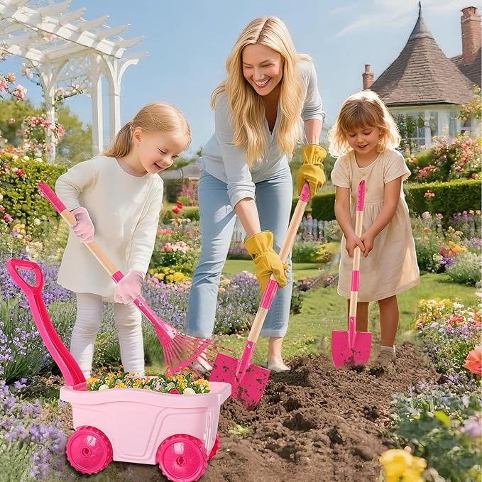Kids Gardening Tools Outdoor Toys Set - Wheelbarrow Backyard Play Set for Kids with Shovel Rake Leaf Rake Summer Yard Digging Weed Toys Easter Birthday Gifts for Boys Girls Age 2 3+ Years Old