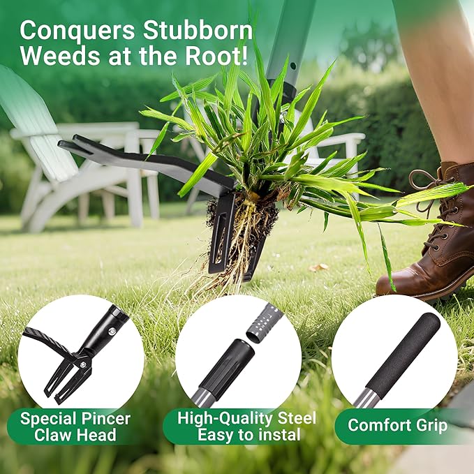 Suchtale Metal WeederStand Up Weed Puller Tool with Long Handle – Heavy-Duty All-Metal Weeder with Upgraded Pincer Claw – Pull Weeds from The Root Without Bending Pulling or Kneeling