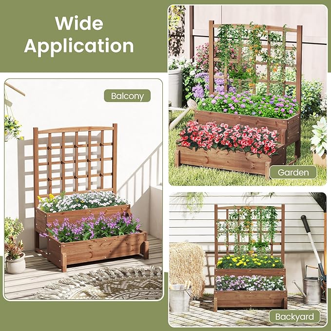 2-Tier Raised Garden Bed with Trellis Wooden Elevated Planter Box with Legs Hemp Rope &amp Drainage Holes Raised Plant Bed for Backyard Garden Lawn