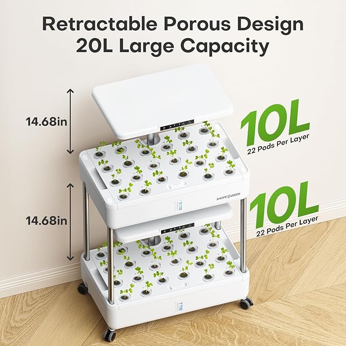 Ahopegarden Hydroponics Growing System Indoor Garden 44 Pods Plant Herb Garden Germination Kit with LED Grow Light 20L Double-Layer Large Capacity Hydrophonic Planter Grower for Vegetable Fruit