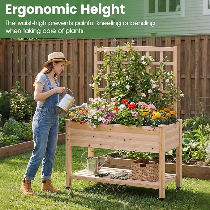Giantex 65'' Wooden Raised Garden Bed w/Trellis on Wheels Mobile Elevated Planter Box w/Legs Liner &amp Drainage Holes for Climbing Plant Vegetable Herb Flower Outdoor Garden Box Backyard Balcony