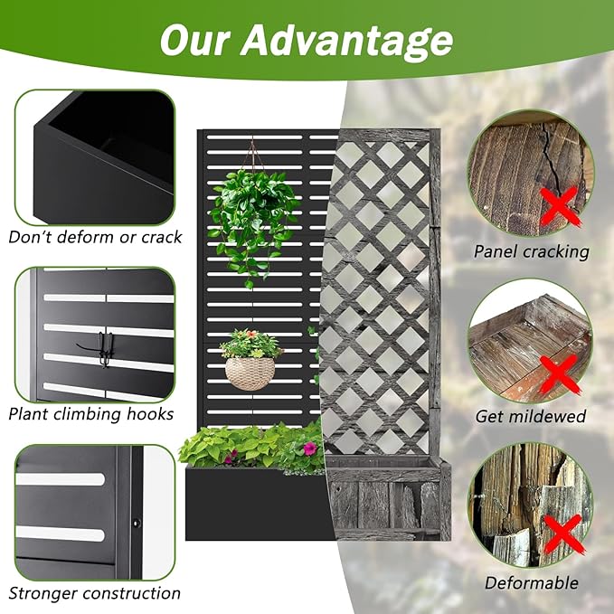 Metal Raised Garden Bed with TrellisPlanter Box for Climbing Plants Vegetables &amp Vines Features Drainage Holes and Privacy Screen.raised garden beds outdoor planters for porch (Black 71x35x1
