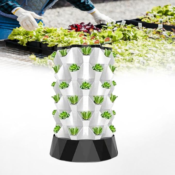 Hydroponics Tower with Pump Aeroponic Garden Tower Hydroponics Growing Sys-tem Kit Vertical Hydroponic Tower Garden for Strawberries Tomatoes LettuceWhite-48holes