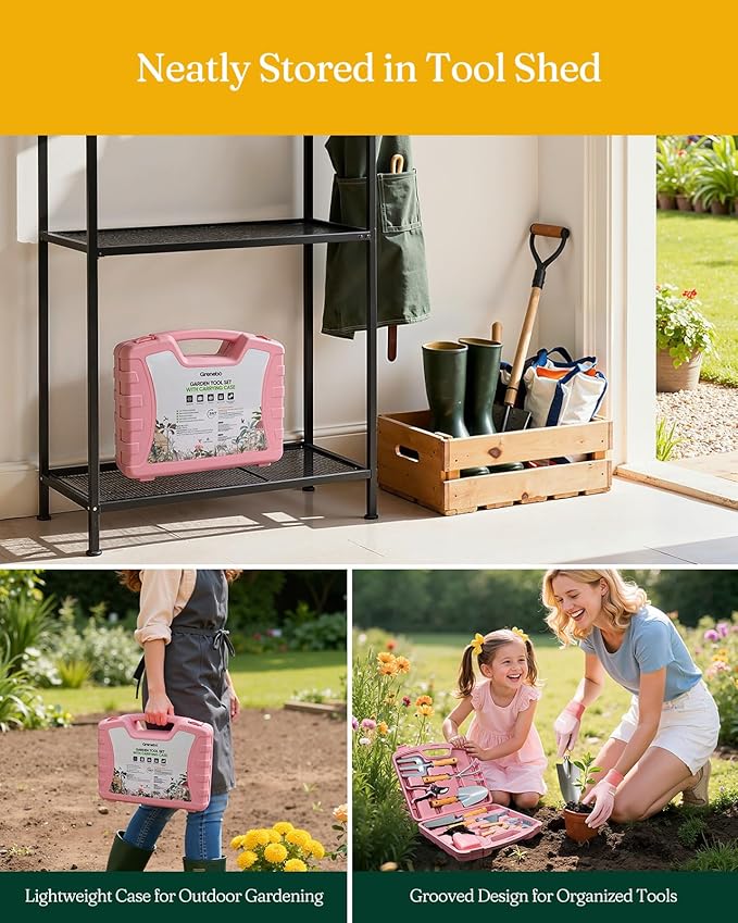 12-Piece Womens Gardening Tools Gift Set Rust-Proof &amp Heavy-Duty Garden Tools with Durable Carrying Case Fashionable &amp Thoughtful Gardening Gifts for Women&ampMen (Pink-Silver)