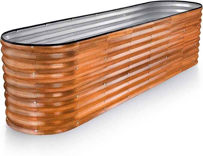 Plant &amp Plot Galvanized Raised Garden Beds Outdoor // 8×2×2 ft Planter Raised Beds for Gardening Vegetables Flowers (Dark Wood Grain) // Large Metal Garden Box // Patented Tool-Free Design