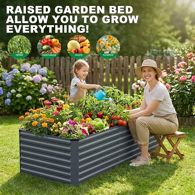 STBoo 6x3x2FT Galvanized Raised Garden Bed Outdoor Metal Raised Planter Box for Vegetables Elevated Rust-Resistant Rectangle Gardening Container Kit with Reinforced Panels for Backyard Patio(Grey)