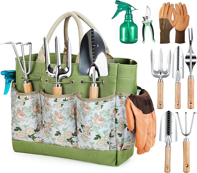 Gardening Tools 9-Piece Heavy Duty Garden Hand Tools with Fashion and Durable Garden Tools Organizer Handbag Rust-Proof Garden Tool Set Ideal Gardening Gifts for Women