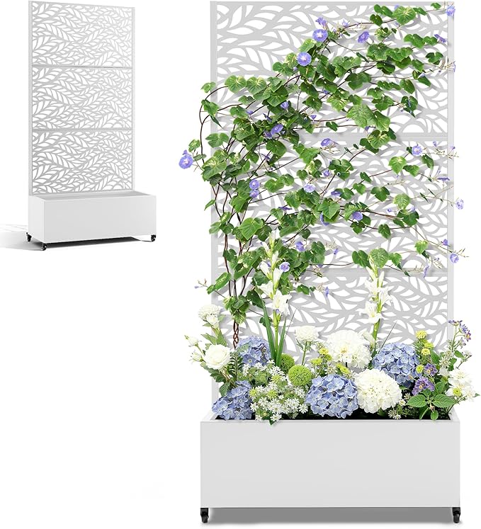 Metal Standing Planter Box with Trellis Privacy Planter for Patio Outdoor Raised Garden Beds with Trellis for Climbing Plants Garden Boxes with Wheels &amp Drainage Holes (35L White Spring)