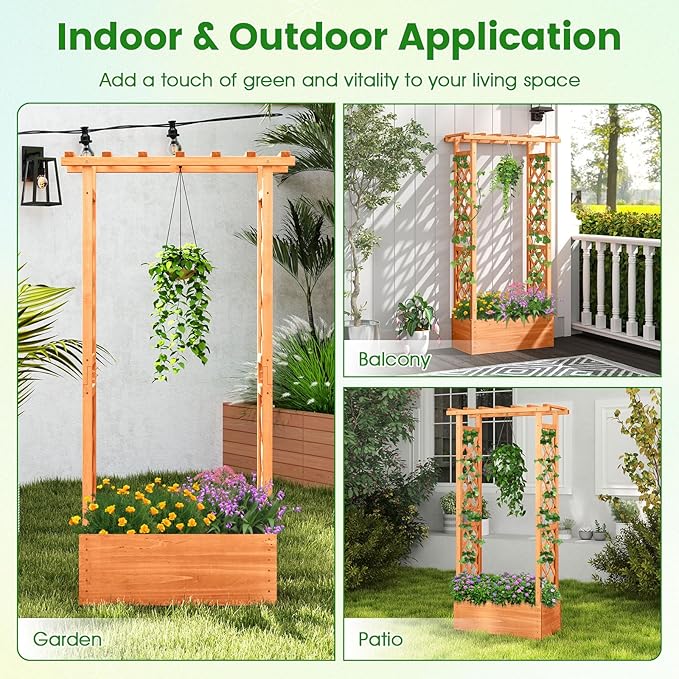 HAPPYGRILL Raised Garden Bed with Trellis Wood Elevated Garden Bed with Hanging Roof Planter Box Drainage Holes for Climbing Plants Flowers Vegetables 31 L x 14 W x 60 H