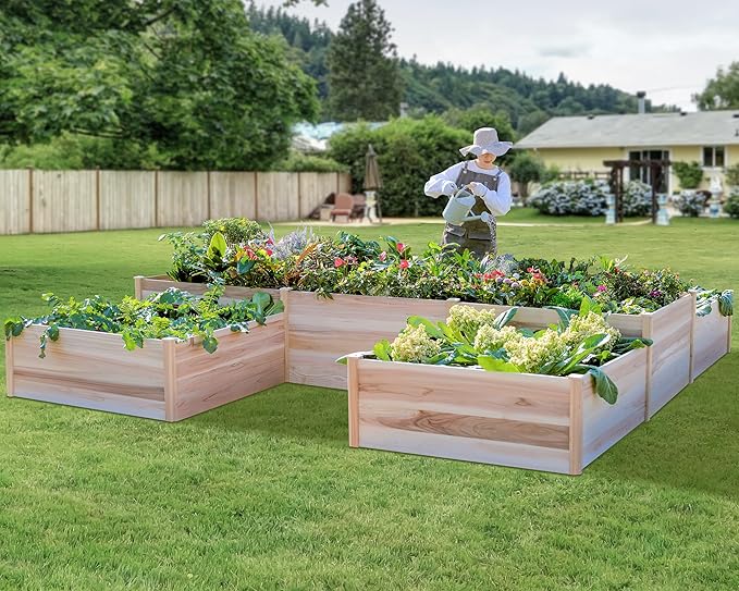 AMERLIFE Raised Garden Bed – 12x12x2 ft H-Shaped Wooden Planter Box 180 Cu. Ft Capacity Double-Layer Design for Outdoor Patio Yard and Garden Use