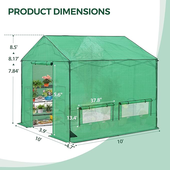 10x10 Pop Up Greenhouse Instant Walk in Green House with PE Cover Power Ports Roll up Doors &amp Windows for Indoor Outdoor Plant Growing Green