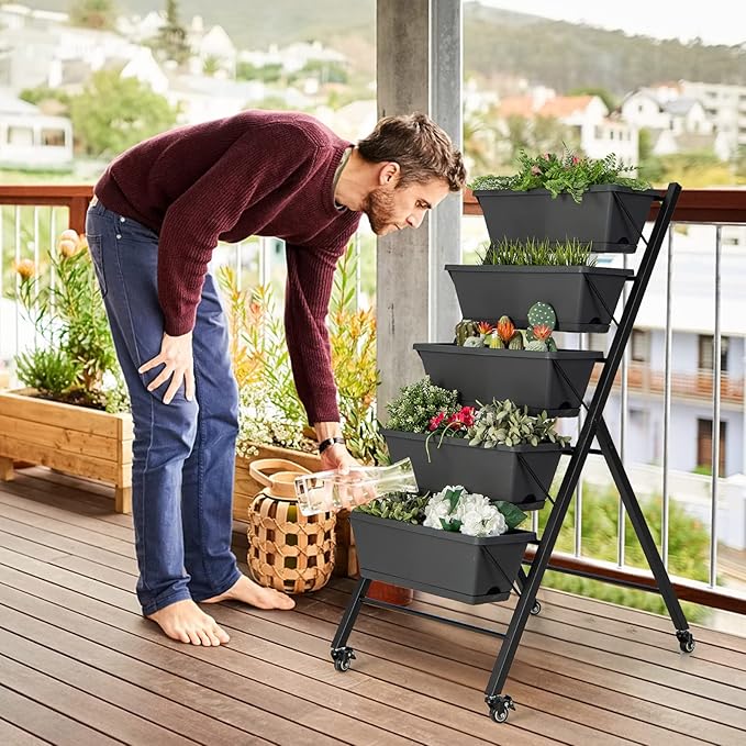 HAPPYGRILL Vertical Raised Garden Bed 5-Layer Freestanding Garden Planter with Drainage Holes Container Boxes Elevated Planter Box for Herb Vegetable Flower Growing Dark Grey
