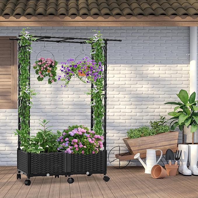 Planter with Trellis Raised Garden Beds 4.5ft Tall with Screen Indoor Outdoor Vegetable Flower Privacy Planter Box for Backyard Balcony Patio Black