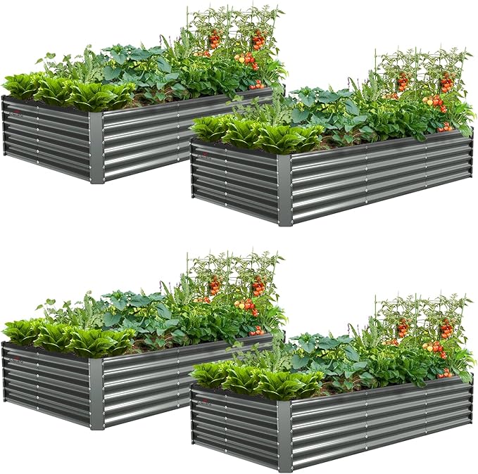 A ANLEOLIFE 4 Pcs 8X4X1.5 ft Rectangular Galvanized Raised Garden Beds Outdoor for Planting Vegetables Flowers Herb Quartz Grey