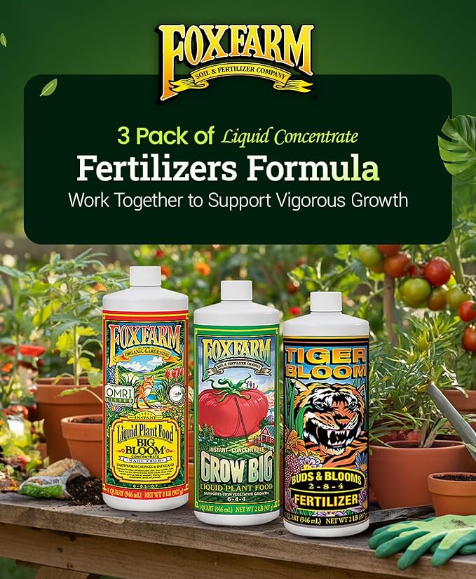 FoxFarm Soil Liquid Trio Pack - Big Bloom Grow Big Tiger Bloom Fertilizers for Vigorous Plant Growth Bud Development &amp Abundant Fruit - Complete Liquid Plant Food Set - 3 Quart Bottles