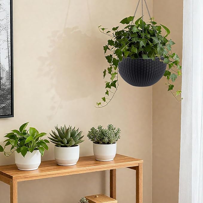 13.4 inch Self Watering Hanging Rattan Planter Large Capacity Root Rot Resistant Water Storage with Water Level Indicator Dual Use for Indoor Balcony Decoration (Pack of 2 Black)