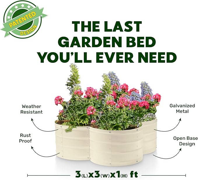 Plant &amp Plot Galvanized Raised Garden Beds Outdoor // 3×3×1 ft Planter Raised Beds for Gardening Vegetables Flowers // Large Metal Garden Box (White) // Patented Tool-Free Design