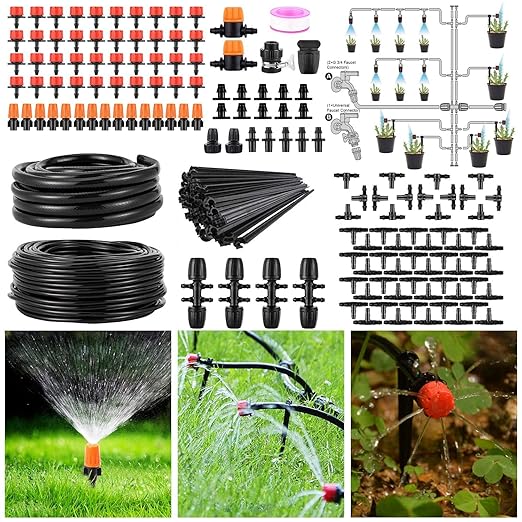 164FT Drip Irrigation System Kit Automatic Garden Watering Misting System DIY Automatic Irrigation System for Garden Greenhouse Flower Bed with 8mm/4mm Tubing Hose and Accessories