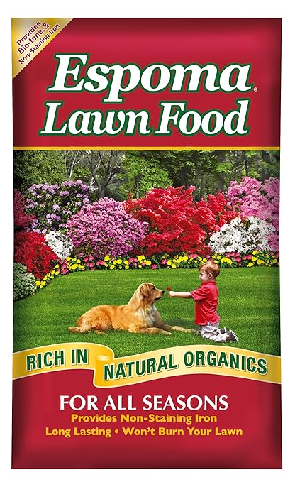Espoma Lawn Food for All Seasons15-0-5 Analysis with Non-Staining Iron Exclusive Bio-Tone Formula with Long Lasting Slow Release Nitrogen for a Greener Lawn. 40 lb. Bag Covers up to 12000 Sq. Ft.