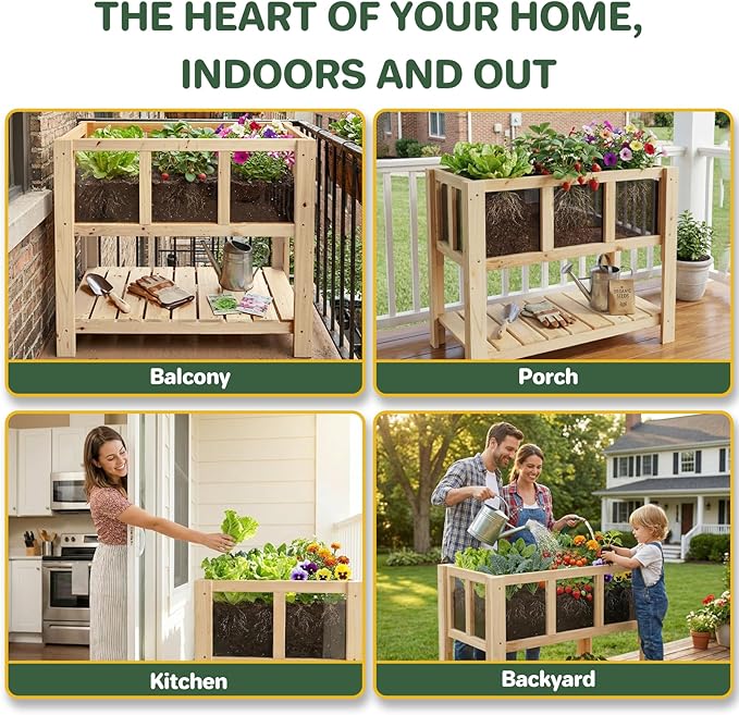 Raised Garden Bed for Small Balcony 28.3''x16.3''x23.6'' Wood Planter Box with Transparent Window Drainage Holes Storage Shelf Garden Beds Flower Stand Patio Kitchen Gift for Gardening