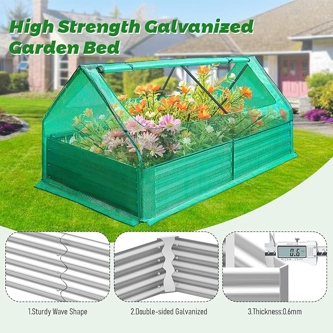 6x3x1FT Galvanized Steel Raised Garden Bed Durable Outdoor Metal Planter Box with Cover Large Metal Greenhouse for Vegetables Flowers Herbs Rust-Resistant Sun&ampWind Protection