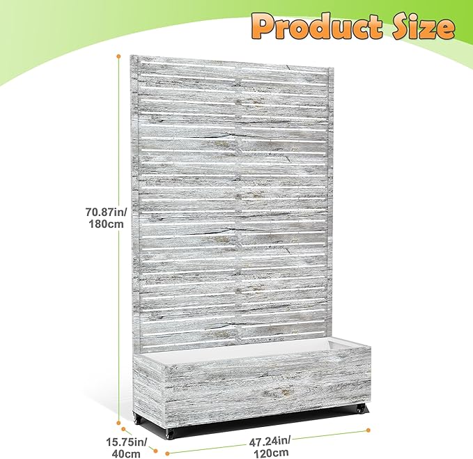 Metal Raised Garden Bed with Trellis 2-in-1 Planter Box &amp Privacy Screen for Climbing Plants Outdoor Standing Flower Bed with Drainage Holes 47.2 L x 16.7 W x 70.8 H White Oak Grain