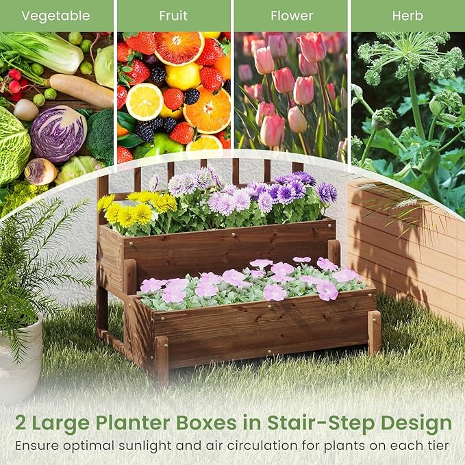 Byroce Outdoor Raised Garden Bed Garden Planter Box with Lattice Trellis Legs &amp Drainage Hole 2-Tier Standing Elevated Planter for Flower Fruit Vegetable &amp Climbing Plants in Patio Balco