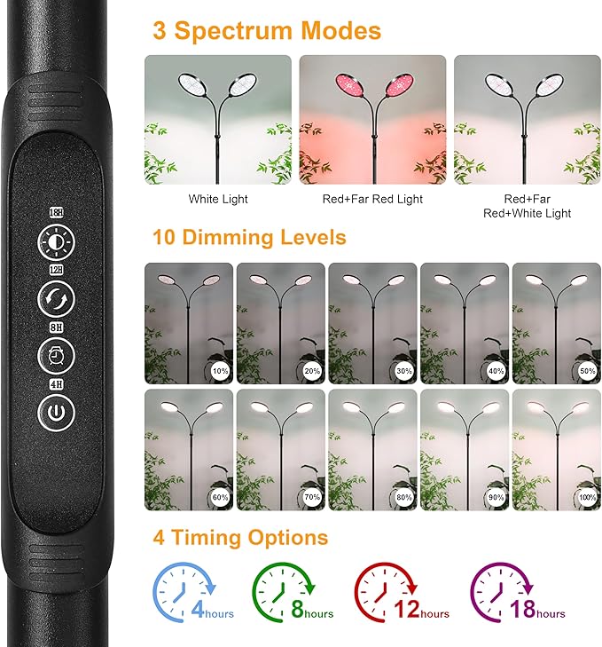 Plant Light for Indoor Plants Red &ampWhite Light Full Spectrum Grow Light with Height Adjustable and Stand for Growing Large Tall Plants Floor LED Grow Lamp with 4/8/12/18 Hour Timer &amp10 Dimmi