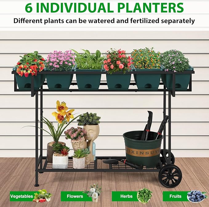Vrisa Raised Garden Bed with Legs 43x17x29 in Plastic Elevated Planter Box Outdoor with Storage Shelf and Wheels Vegetables Herbs Flowers Standing Garden Beds for Backyard Patio Balcony Green