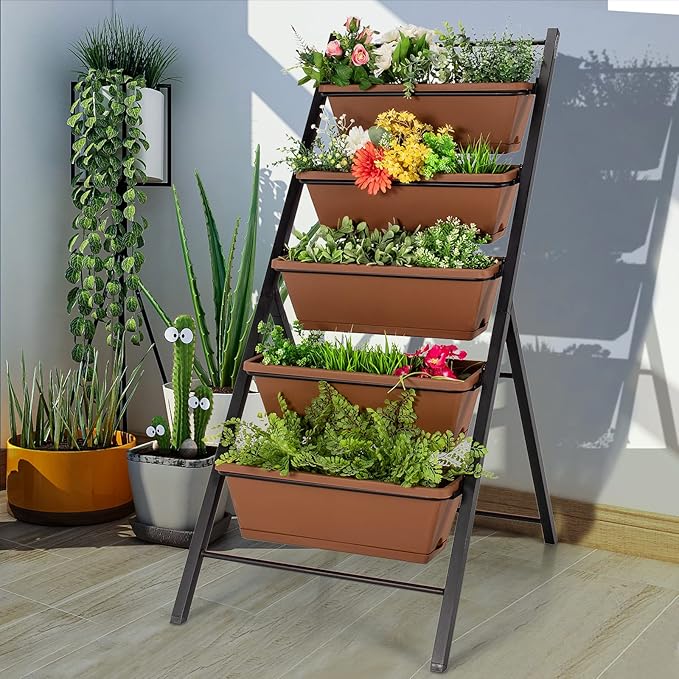Giantex Vertical Planter Raised Bed Elevated Garden Beds with Water Drainage Hole Freestanding 5 Container Boxes for Herb Vegetables Flowers Growing Outdoor Indoor Patio Balcony (Brown 1)