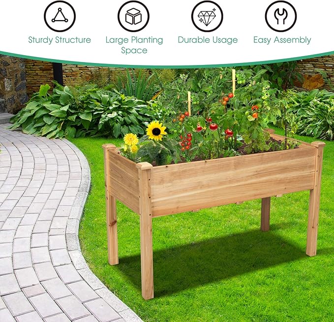 ORALNER Wooden Raised Garden Bed with Legs 49.5 x 23.5 x 30In Outdoor Standing Planting Bed w/Bottom Drainage Hole for Herb Flower Vegetable Elevated Wood Planter Box for Patio/Balcony/Backyard