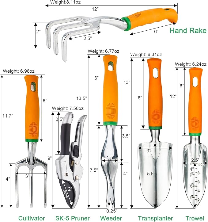 UKOKE Garden Tool Set 12 Piece Aluminum Hand Tool Kit Garden Canvas Apron with Storage Pocket Outdoor Tool Heavy Duty Gardening Work Set with Ergonomic Handle Gardening Tools for women men