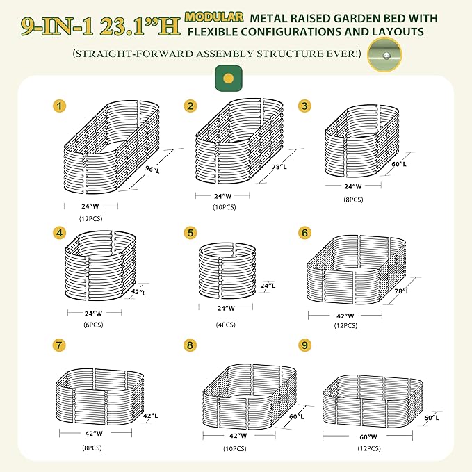 MUPATER 8x2x2ft Galvanized Raised Garden Bed 9-in-1 Modular Metal Planter Box with Aluminum Support Rods Oval Outdoor Planter for Vegetables Flowers Backyard Patio Olive Green
