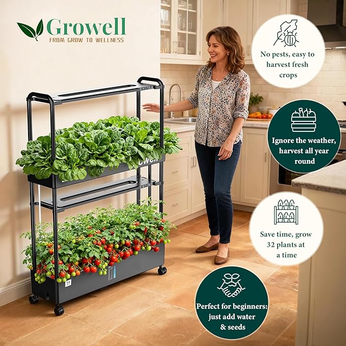 Large Basket Hydroponics Growing System Kit 32 Pods Vertical Hydroponic Garden with 2 Grow Light Modes Auto Circulating Water System 32L Indoor Gardening System for Herb Vegetable Fruit