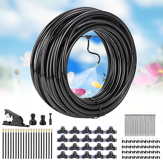 360° Adjustable Drip Irrigation System Garden Watering 5/16 Automatic Atomizing Sprinkler System with Hose Tubing Flexible Copper Nozzles Quick Connector Greenhouse Raisedbed Lawn (65ft + 20 Nozzles)