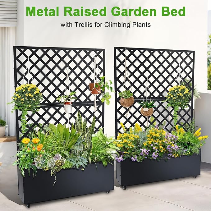 Metal Planter Box with Trellis Raised Garden Bed with Trellis 71x47x12 Planter Box with Privacy Screen and Drainage Holes for Climbing Plants Flower Privacy Planters for Patio Black