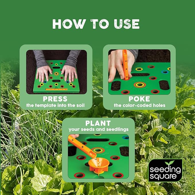 Seeding Square - Patented Seed and Seedling Spacer Tool for Bigger Harvests Organized Plants &amp Fewer Weeds – Color-Coded Gardening Template with Dibber Seed Spoon Ruler &amp Planting Guide
