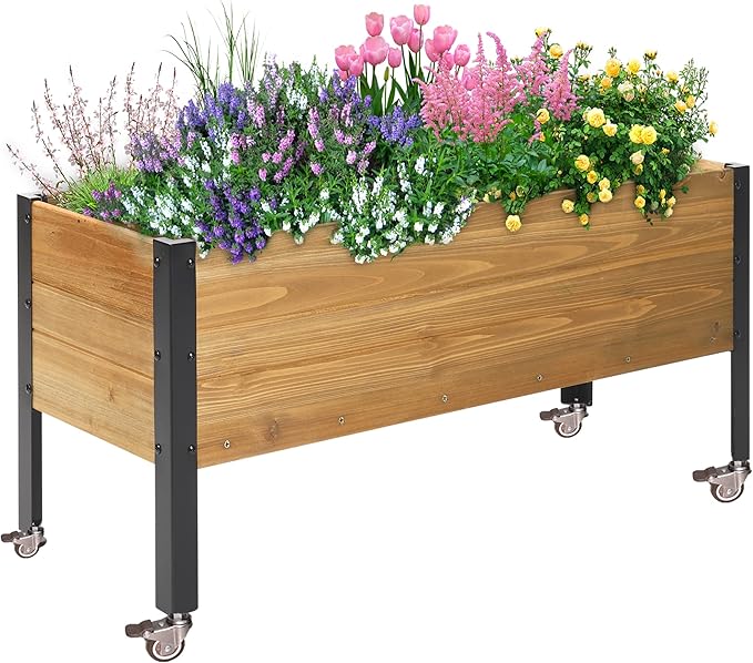 Wood Rectangular Garden Planter Box with Wheel Raised Garden Bed OutdoorPlanters for Outdoor Plants 37 * 13 * 15 Elevated Planter Box for Herbs Vegetables Flowers Outdoor Patio Deck Balcony