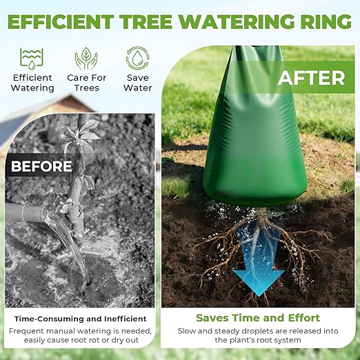 HIRALIY 20 Gallon Tree Watering Bag 2 Pack Slow Release 1-5 Days Deep Root &amp Automatic Drip Irrigation System for Multi-Trunk Newly Planted Small Trees and Shrubs