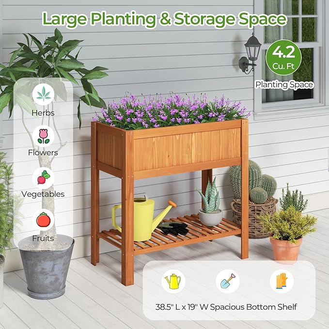 Giantex Raised Garden Bed Outdoor Elevated Fir Wood Garden Box with Legs Bottom Storage Shelf &amp Protective Liner Planter Raised Bed for Gardening Fruit Vegetables Herbs 39 Lx20 Wx39 H