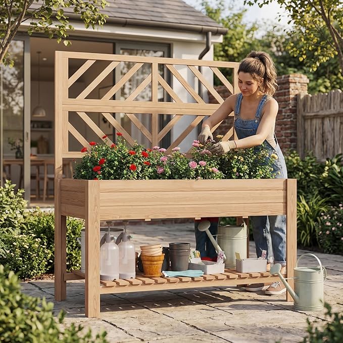 Vabches Wooden Elevated Raised Garden Bed with Trellis47x24x55 in Planter Box with Legs and Storage ShelfFreeStanding Gardening Planter for Flower Herb Vegetable Fruit Climbing Vines