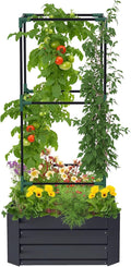 Outsunny Galvanized Raised Garden Bed 55 Tall Outdoor Planter Box with Trellis Tomato Cage and Open Bottom for Climbing Vines Vegetables Flowers in Backyard Garden Patio Dark Gray