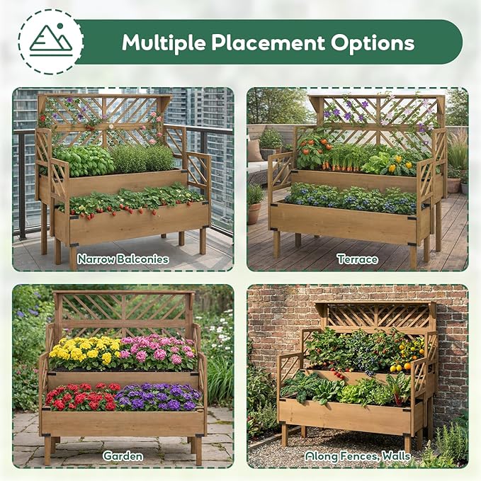 PetsCosset Raised Garden Bed with Trellis 2-Tier Elevated Planter Box with Legs &amp Top Shelf Liner Metal Corners Wooden Garden Beds for for Climbing Plants Flower Vegetables Herbs